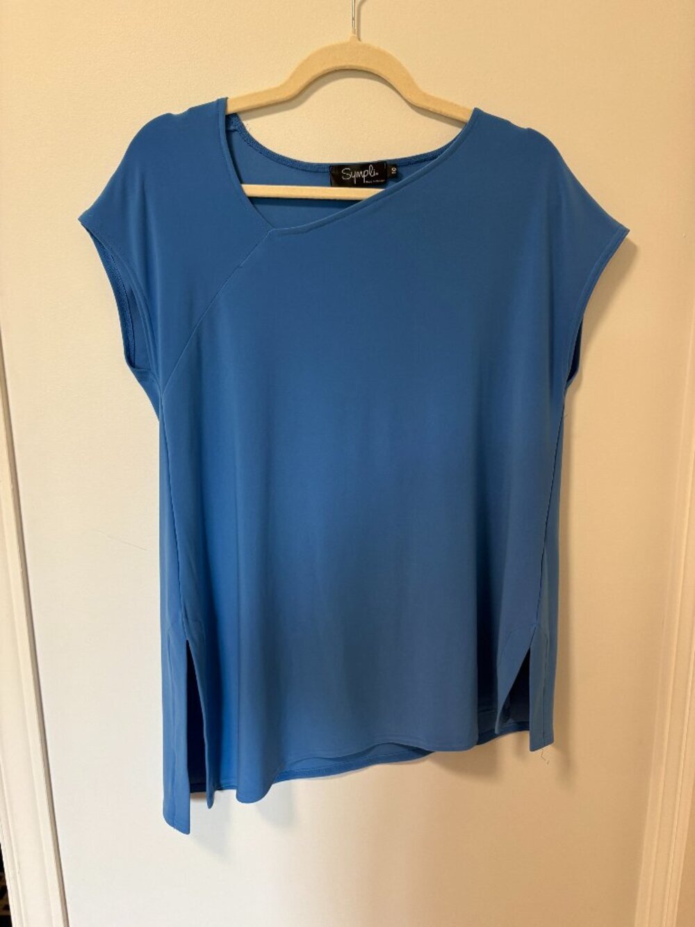 Sympli The Best Travelwear Short Sleeve Asymmetric T Shirt Top Blue Size 10